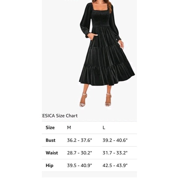 ZESICA Women’s L Black Velvet LS Dress 2025 Spring Square Neck Smocked Ruffle - Picture 3 of 3